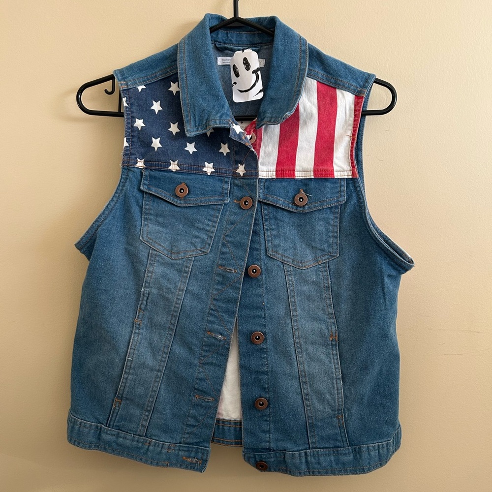 Sleeveless Denim Vest with American Flag Yoke - Blue